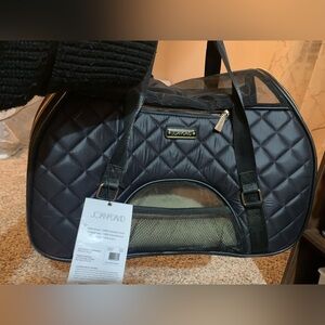 $300 Joan & David Diamond Quilted Nylon Travel Pet Dome Carrier Duffle Black